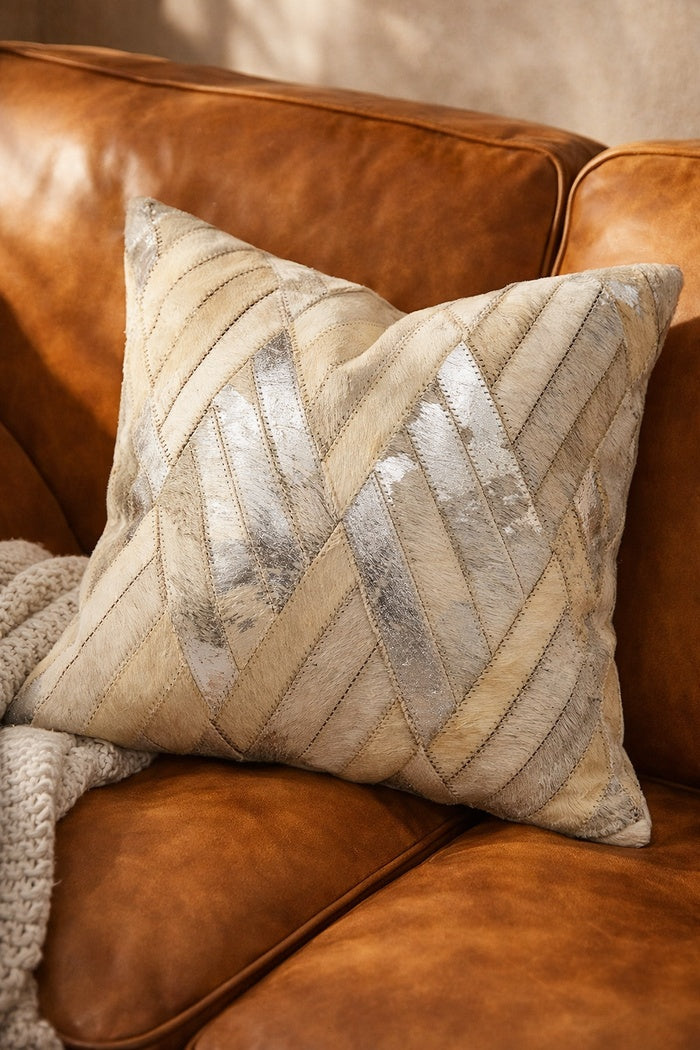 Ivory and silver leather cowhide cushion cover with premium finish for glam rustic home decor