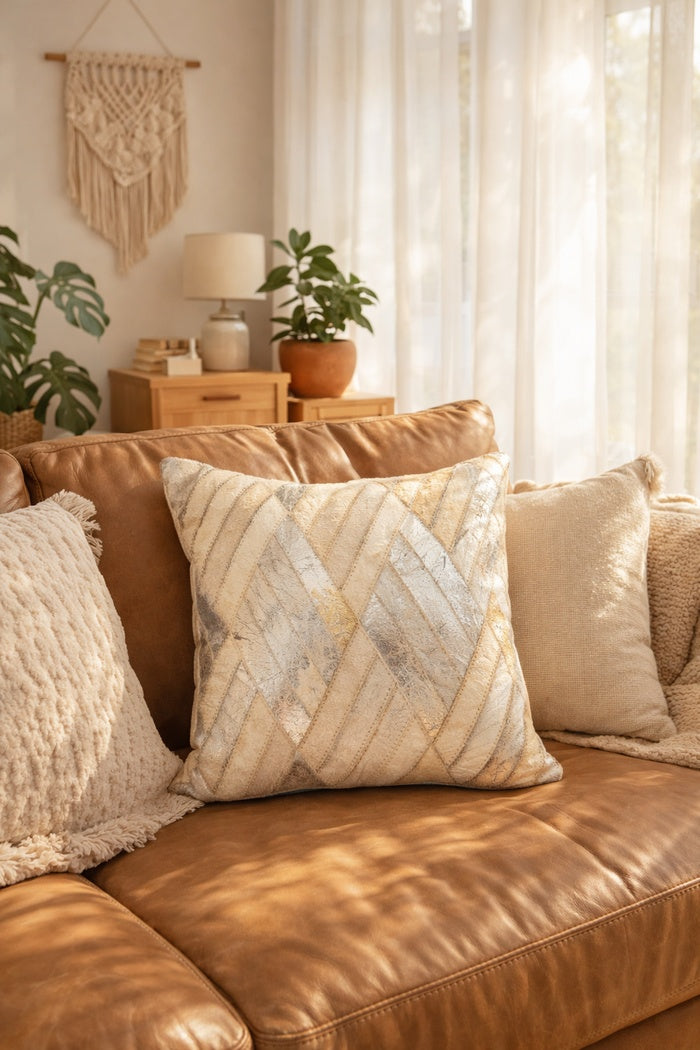 Handcrafted ivory & silver cowhide leather cushion cover for elegant modern interiors
