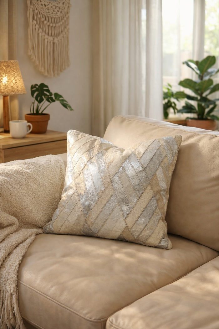 Premium ivory silver cowhide throw pillow cover made from genuine leather