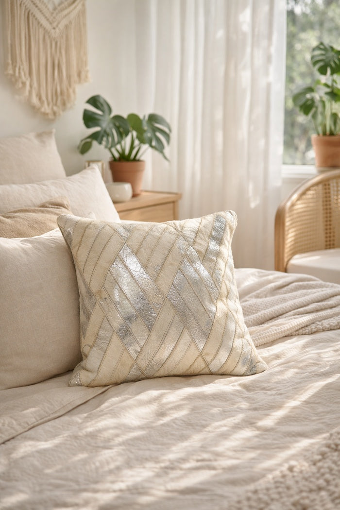 Luxury ivory and silver leather cowhide cushion cover as a stylish home accent