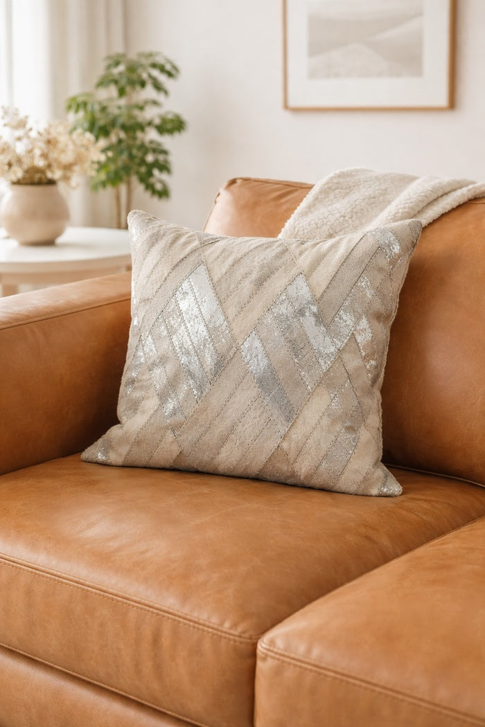 Modern glam ivory & silver cowhide leather cushion cover for sophisticated living spaces