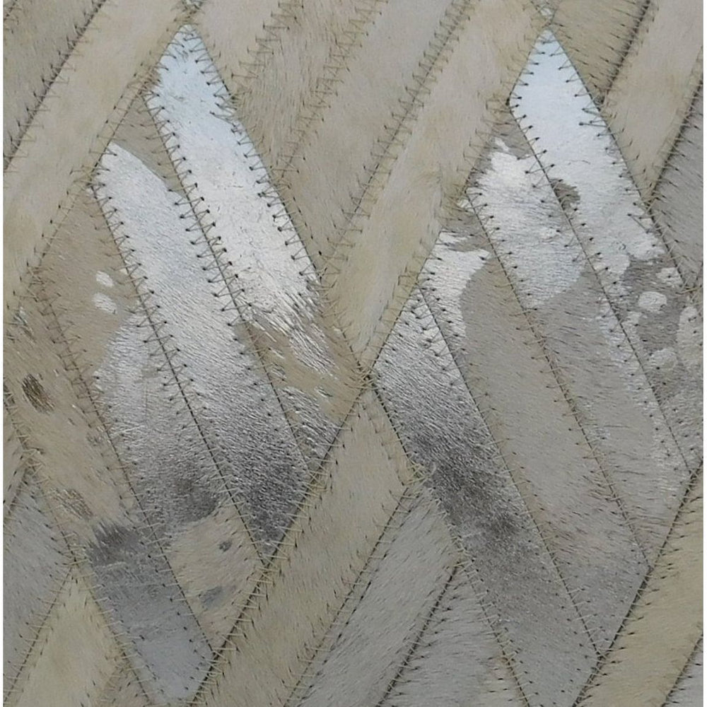 Rustic ivory and silver cowhide cushion cover designed for farmhouse and glam decor