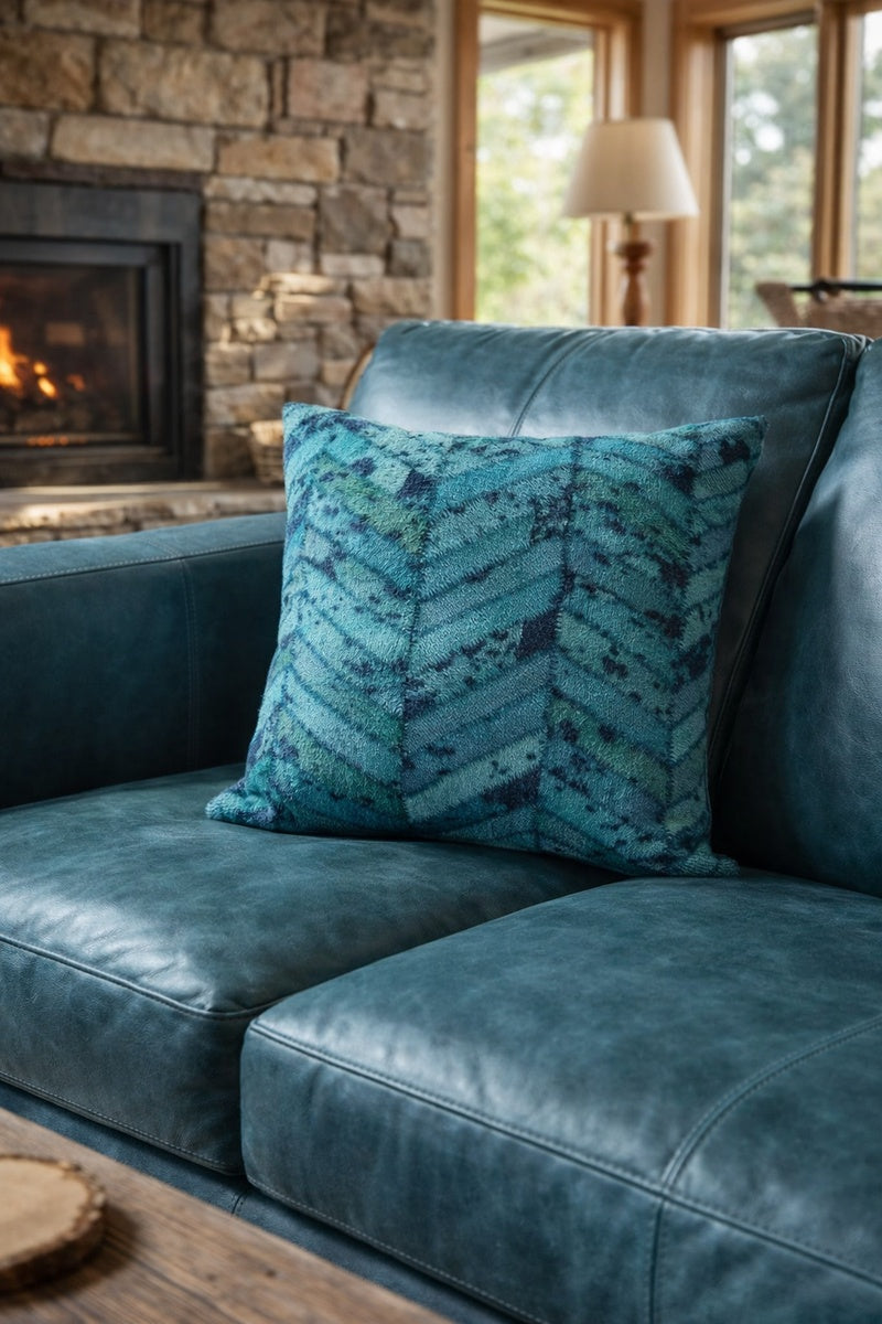 Teal cowhide cushion cover 40x40cm with luxury leather patchwork design