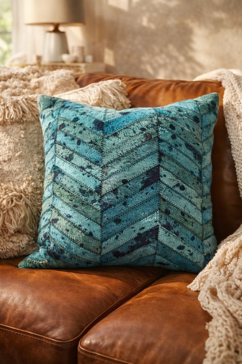 Glam teal cowhide leather pillow cover 40x40 featuring hide patchwork detail