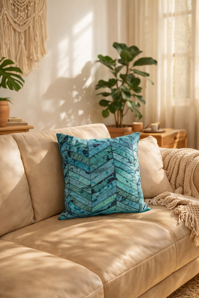 Modern teal cowhide cushion cover square 40x40cm with textured leather panels