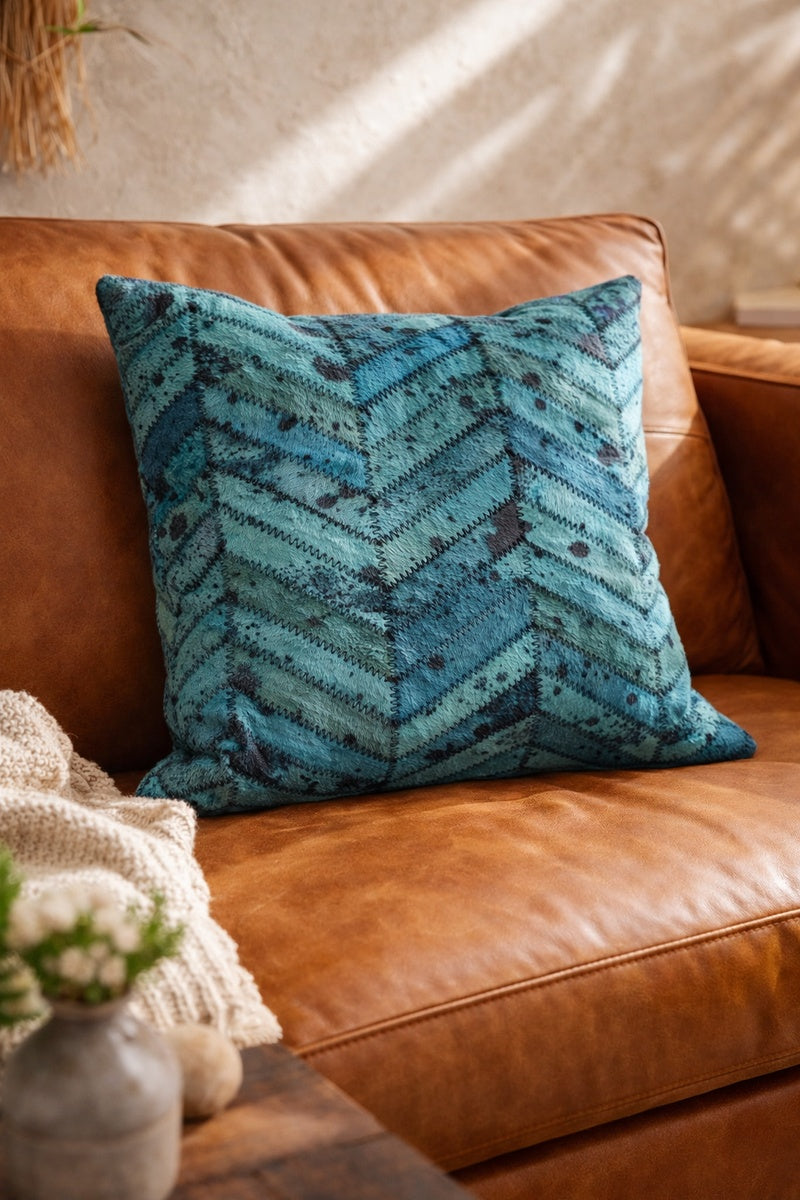 Close up of teal hair-on-hide cushion showing patchwork stitching detail