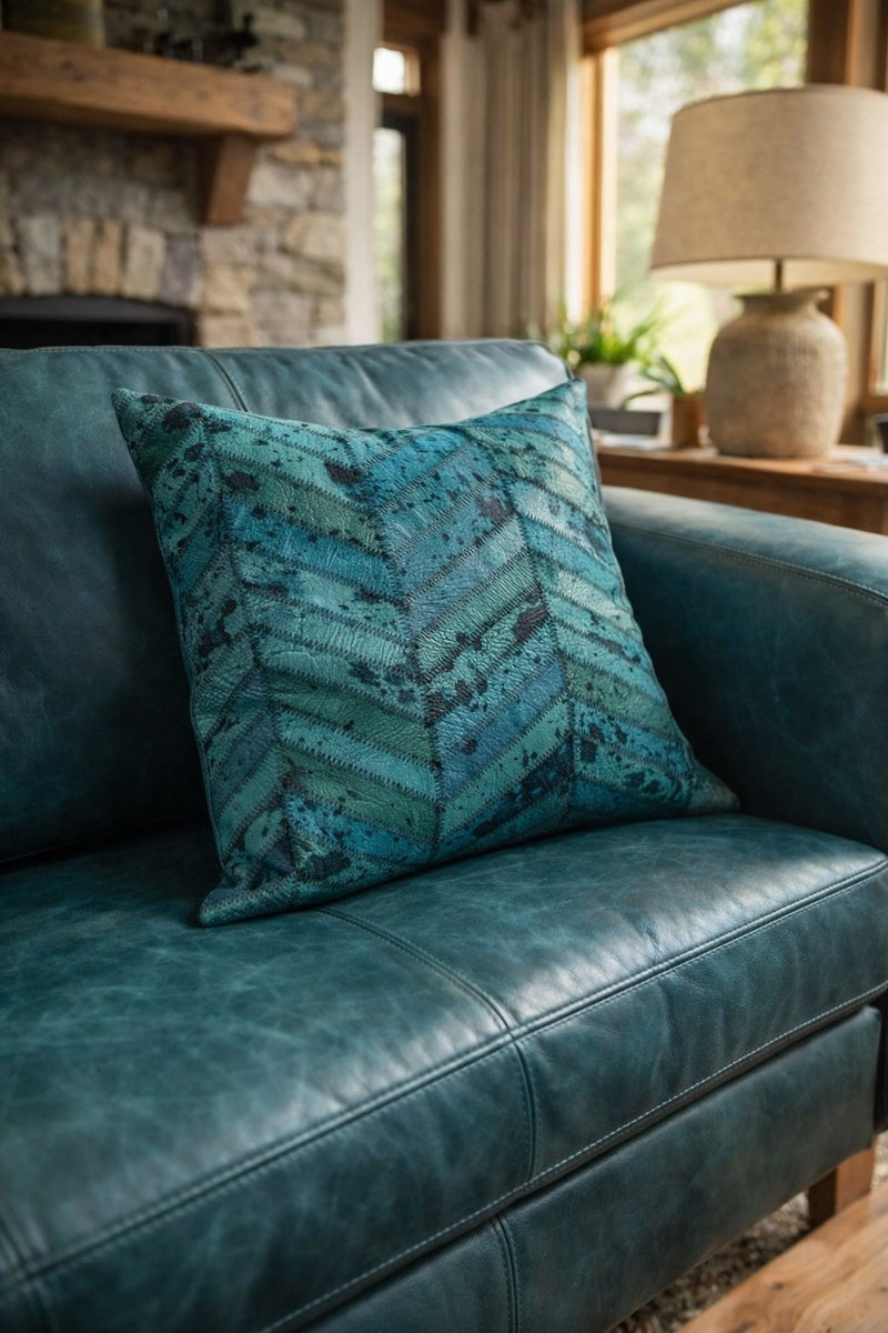 Designer teal cowhide patchwork pillow cover 40x40 for glam interiors