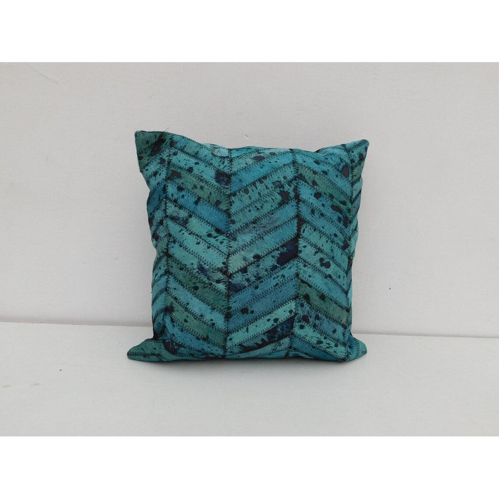 Square 40x40 teal cowhide cushion cover with statement patchwork finish