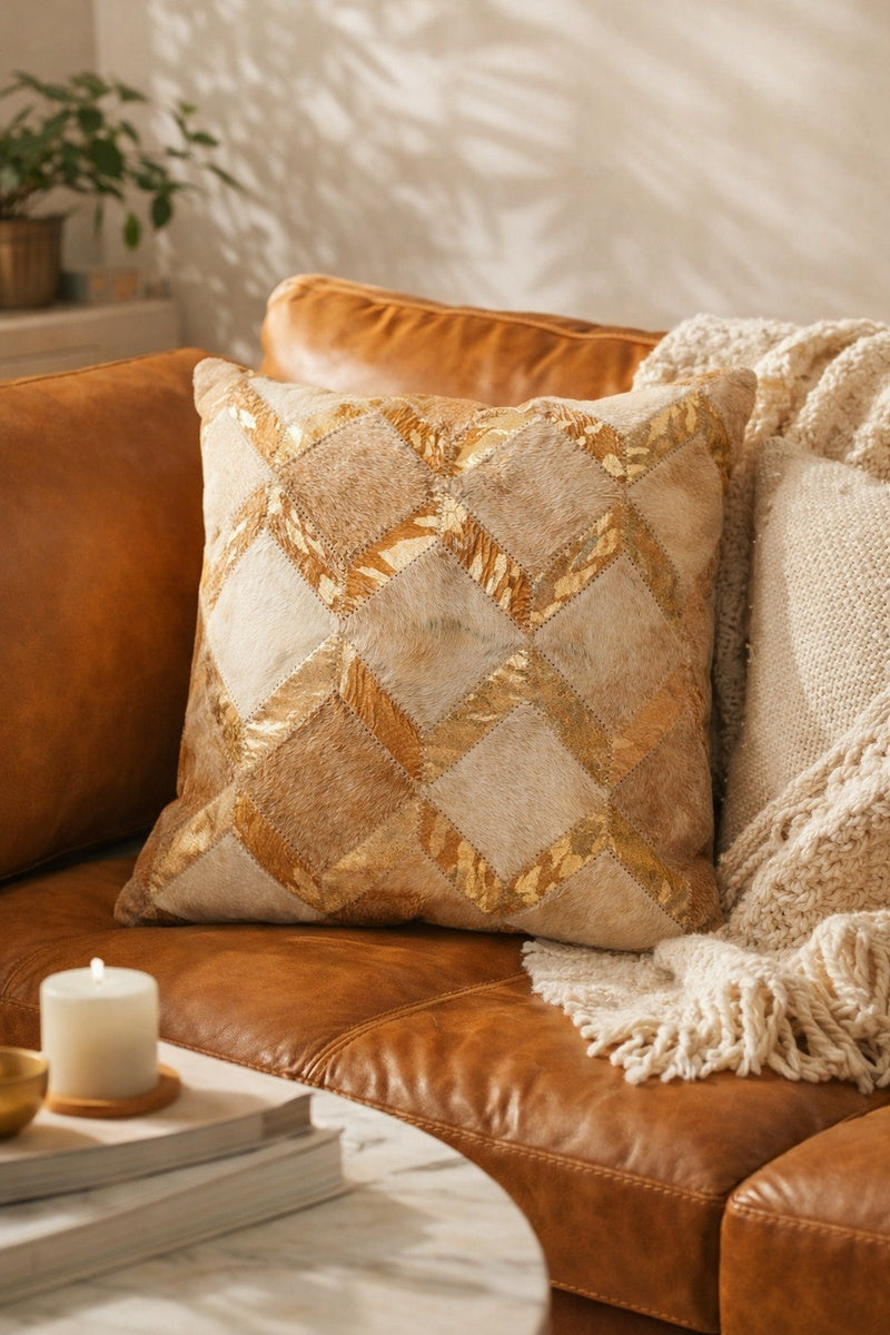 Glam gold check cowhide leather cushion cover by Melbourne Leather Co on luxury sofa