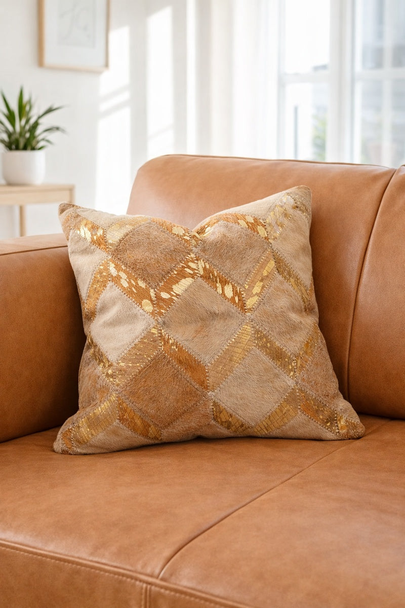 Designer gold check cowhide leather cushion cover glam home accent styling