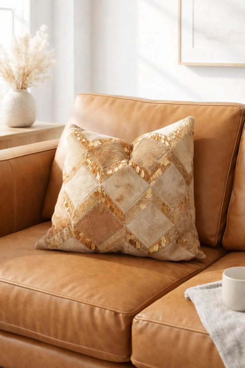 Premium cowhide leather cushion cover with gold check pattern for elegant living room