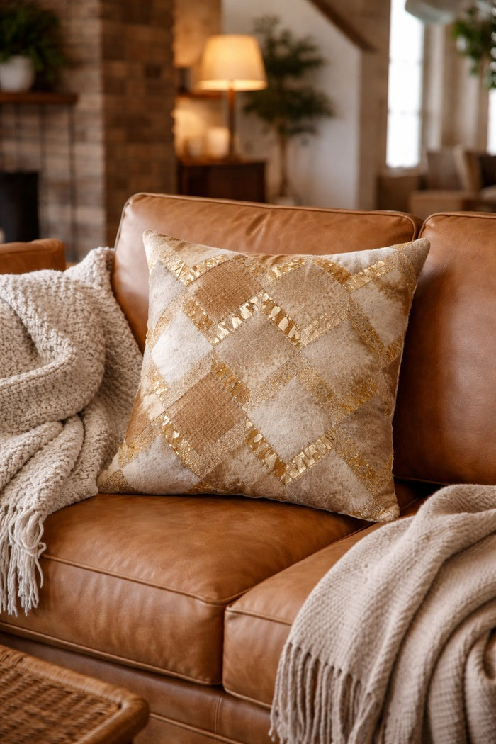 Luxury gold check cowhide leather throw pillow cover for modern glam decor