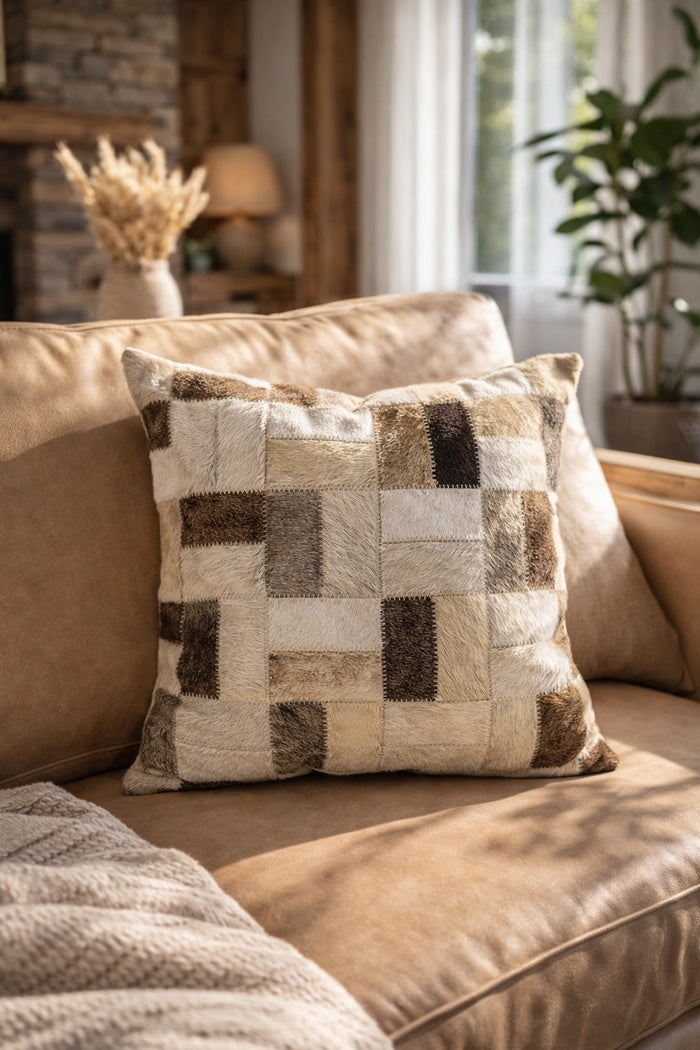 Neutral Cowhide Cushion Cover 40x40cm | Leather Checkerboard