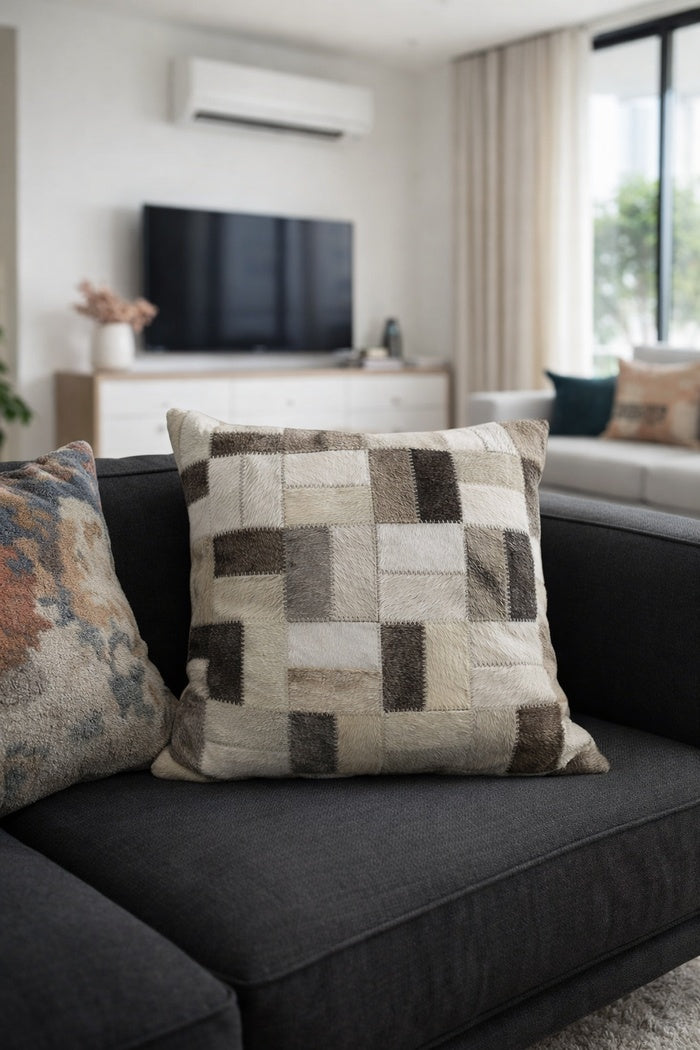 Neutral Cowhide Cushion Cover 40x40cm | Leather Checkerboard