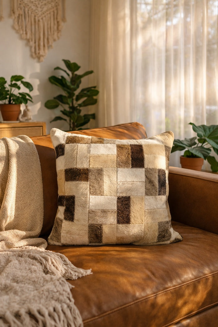 Neutral Cowhide Cushion Cover 40x40cm | Leather Checkerboard