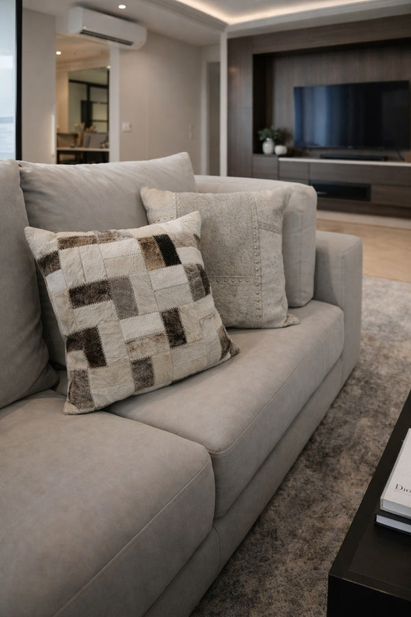 Neutral Cowhide Cushion Cover 40x40cm | Leather Checkerboard