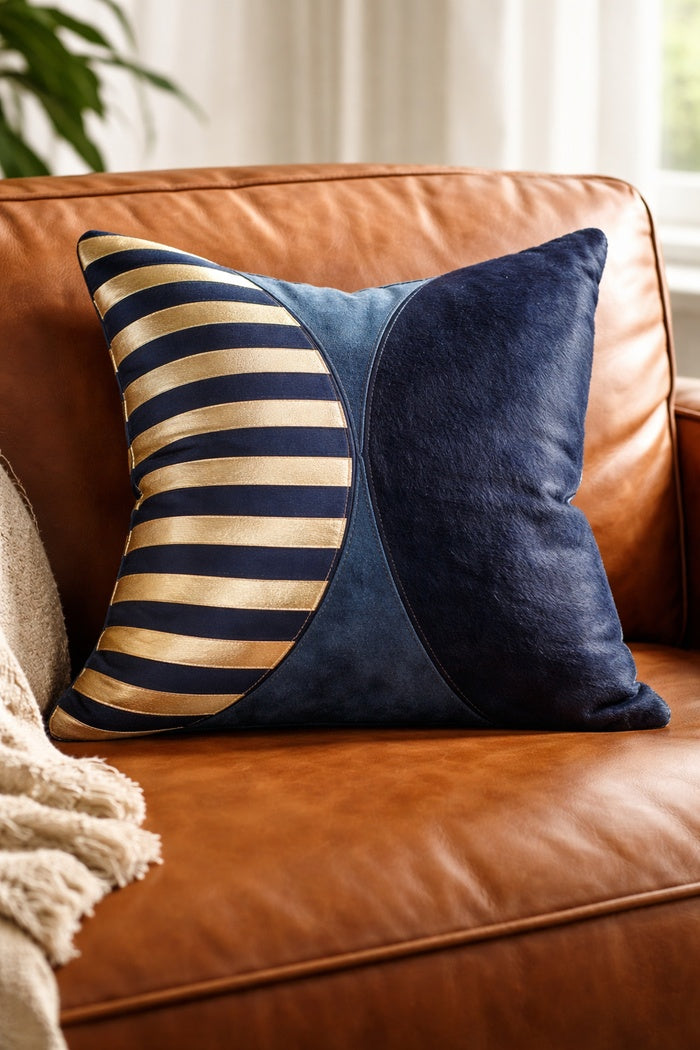 Navy and silver leather cowhide cushion cover with premium finish for glam rustic home decor
