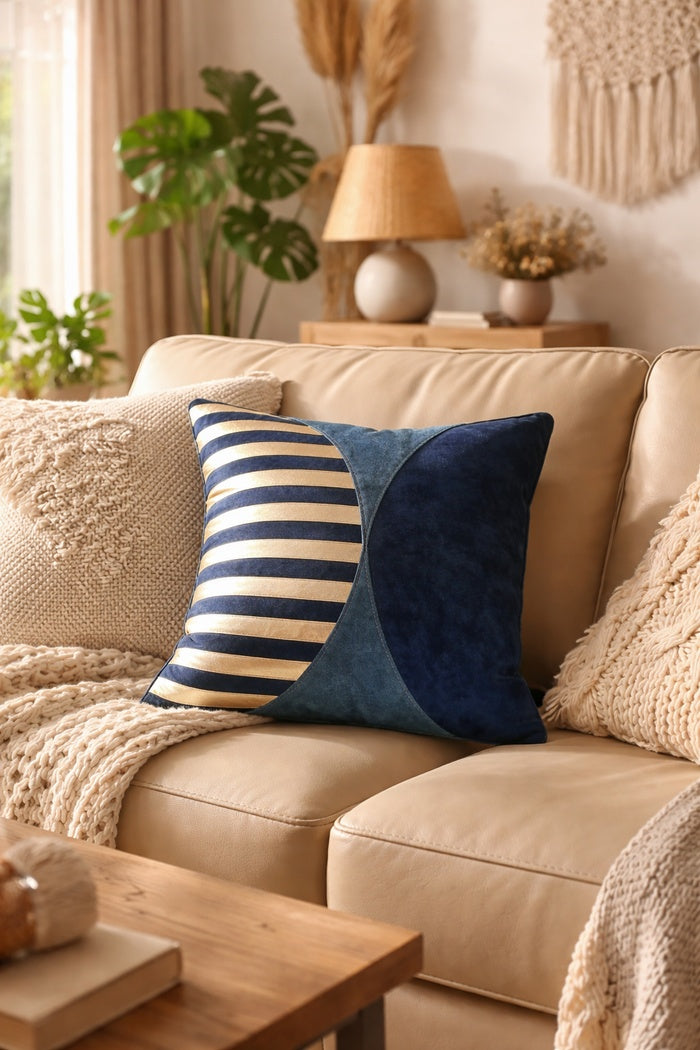 Handcrafted navy & silver cowhide leather cushion cover for luxury and modern interiors