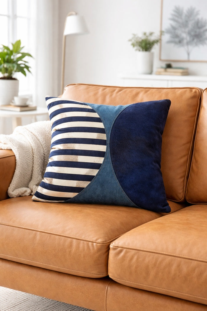 Premium navy silver cowhide throw pillow cover made from genuine leather