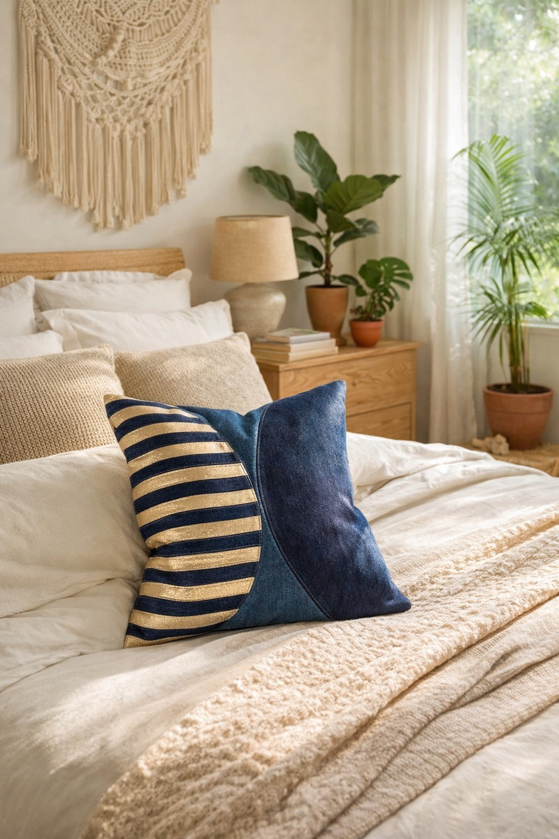 Luxury navy and silver leather cowhide cushion cover as a stylish home accent