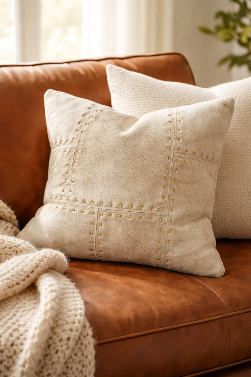 Glam ivory cowhide leather cushion cover 40x40cm with brass stud detailing