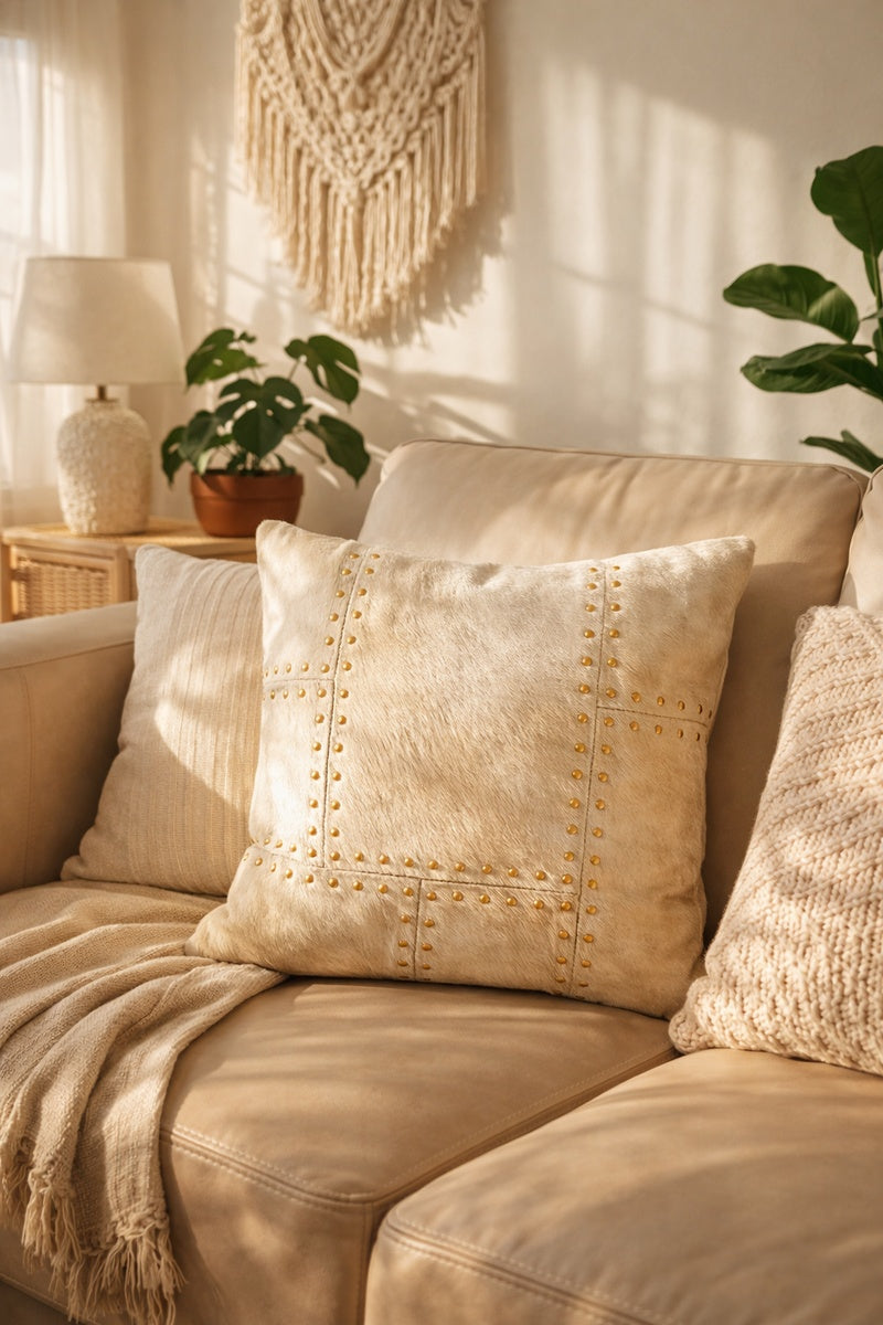 Luxury ivory leather cowhide throw pillow cover with brass stud accents