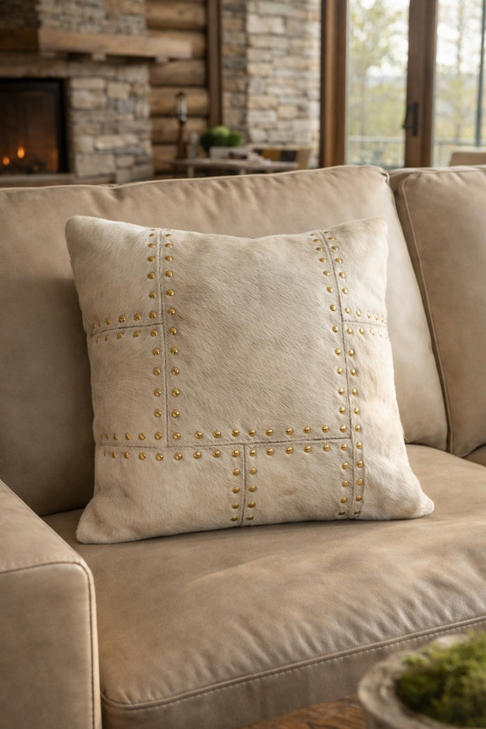 Modern glam ivory cowhide cushion cover 40x40cm brass stud trim sofa styling