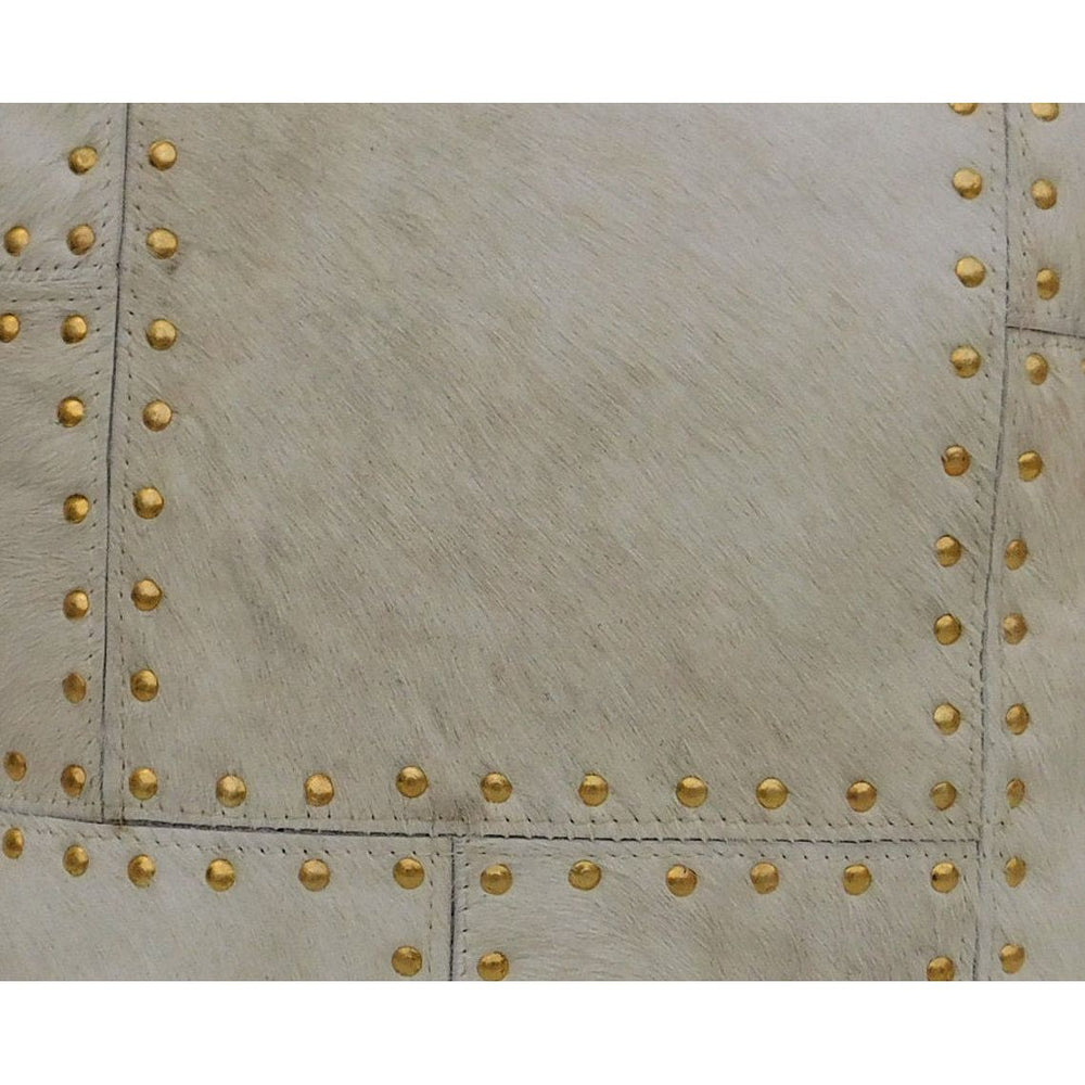 Designer ivory leather cowhide pillow cover with brass stud border detail