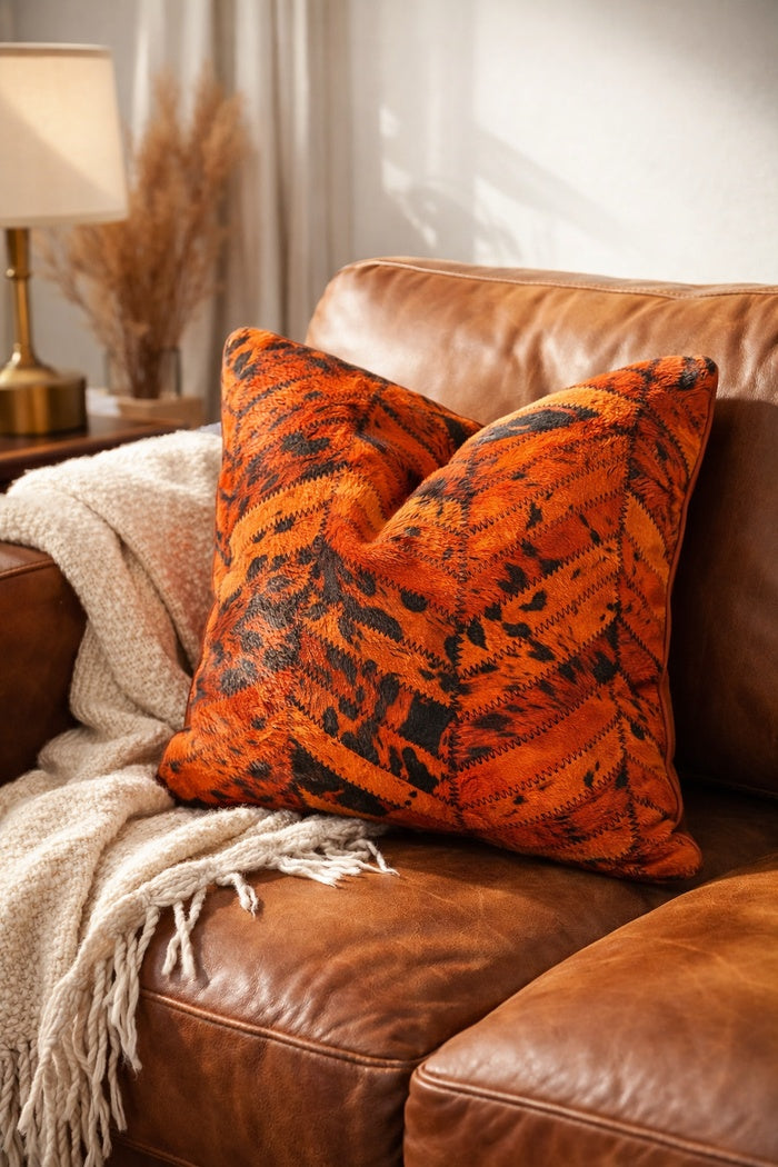 Orange and black cowhide cushion cover made from genuine leather for glam rustic home decor