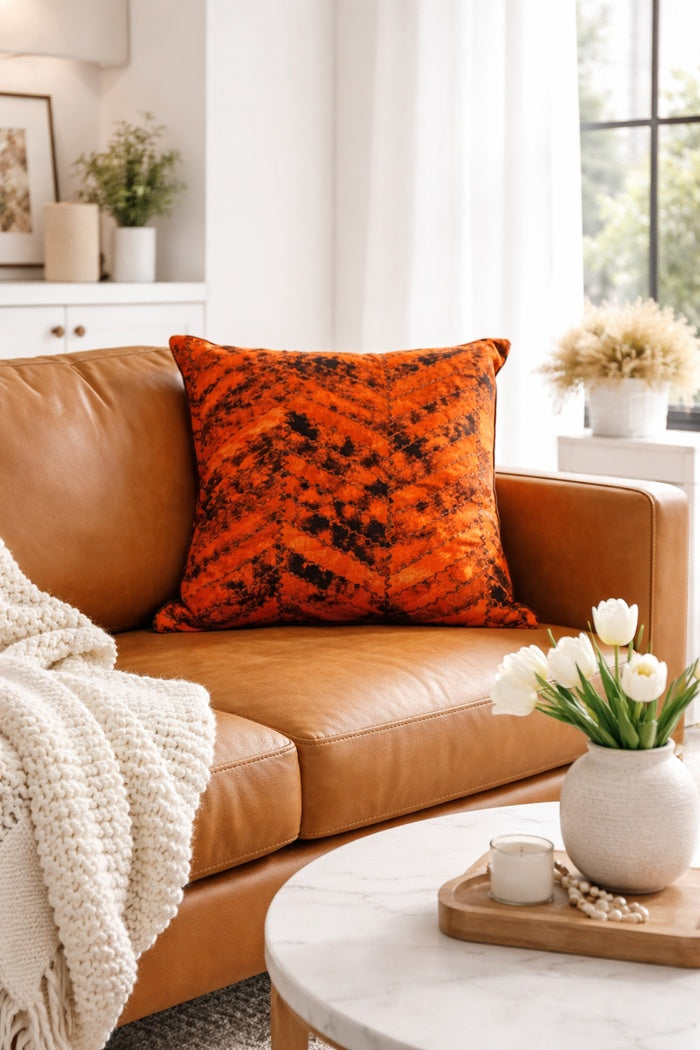 Handcrafted orange & black cowhide leather cushion cover for bold modern interiors