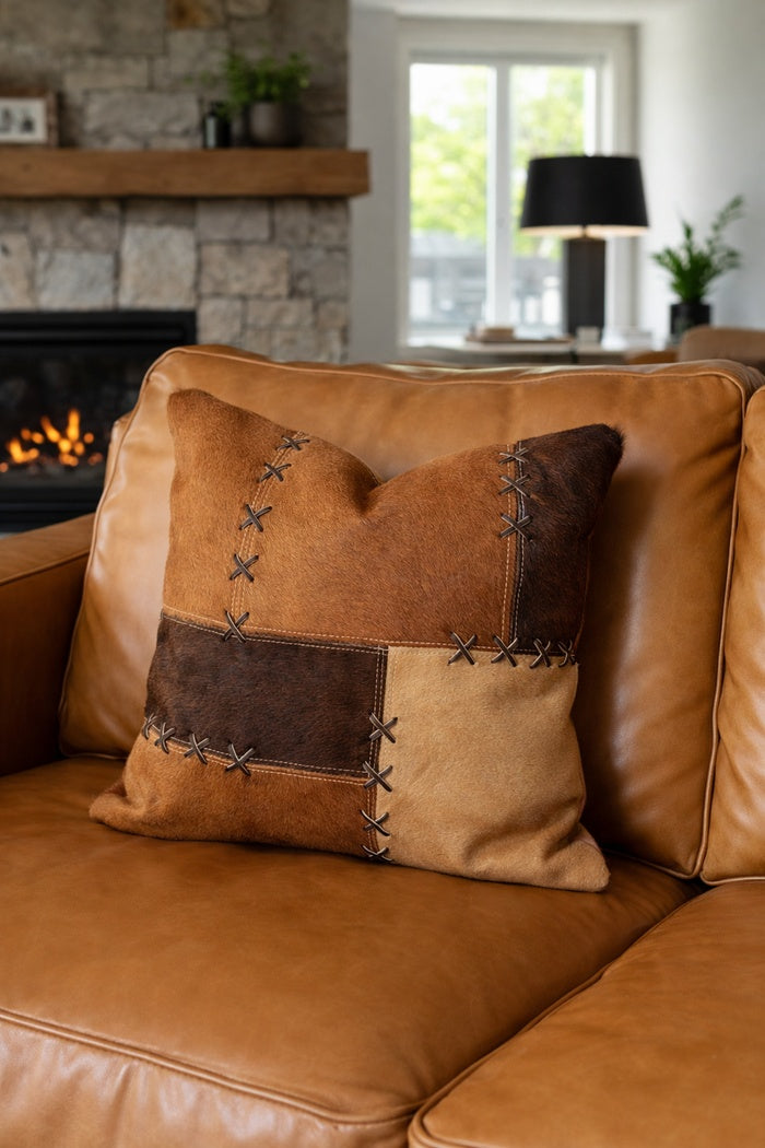 Tan & Chocolate Cowhide Leather Cushion Cover 40x40cm