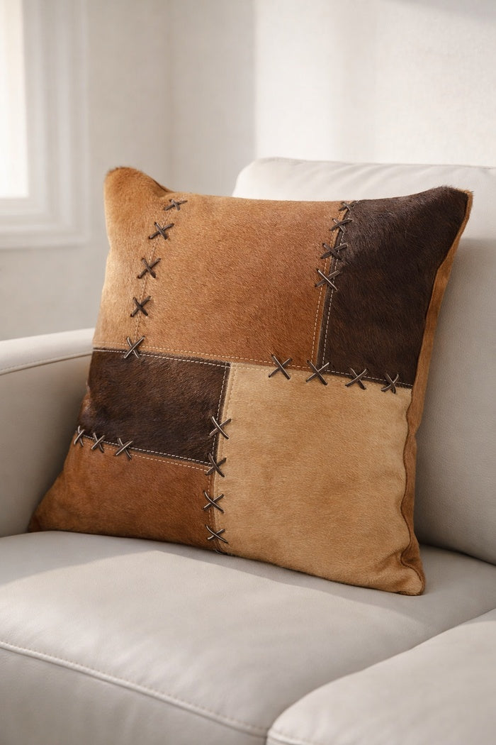 Tan & Chocolate Cowhide Leather Cushion Cover 40x40cm