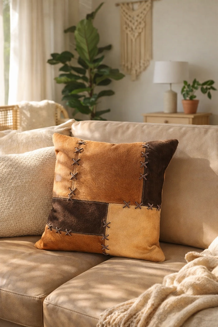 Tan & Chocolate Cowhide Leather Cushion Cover 40x40cm