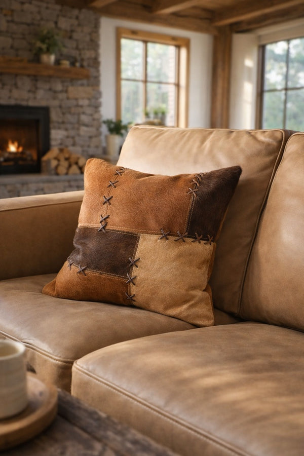 Tan & Chocolate Cowhide Leather Cushion Cover 40x40cm