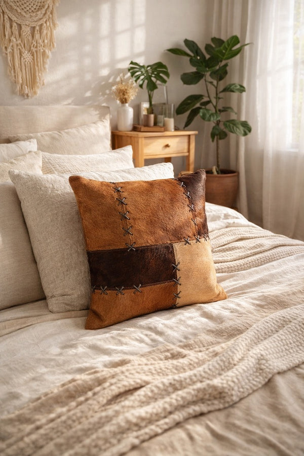 Tan & Chocolate Cowhide Leather Cushion Cover 40x40cm