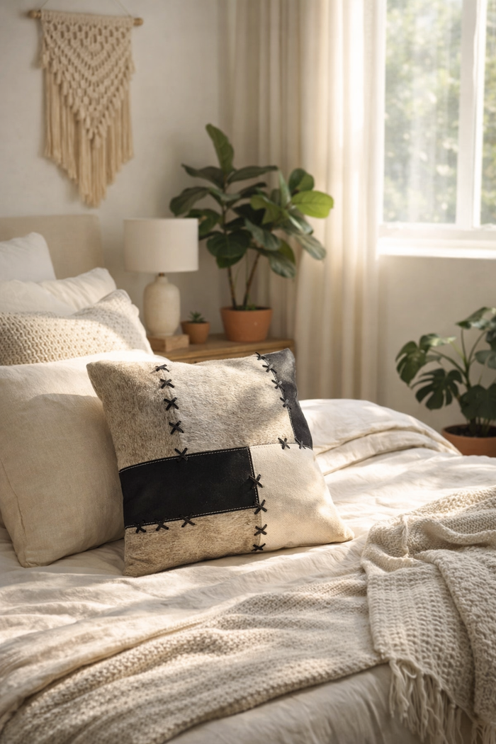 Designer 45x45 cowhide cushion cover with statement patchwork and X-stitch edging
