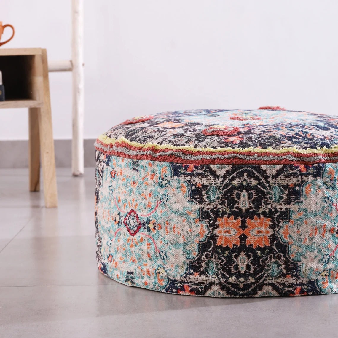 Moroccan Ottoman Cushion Cover, Pouf - Round Footstool