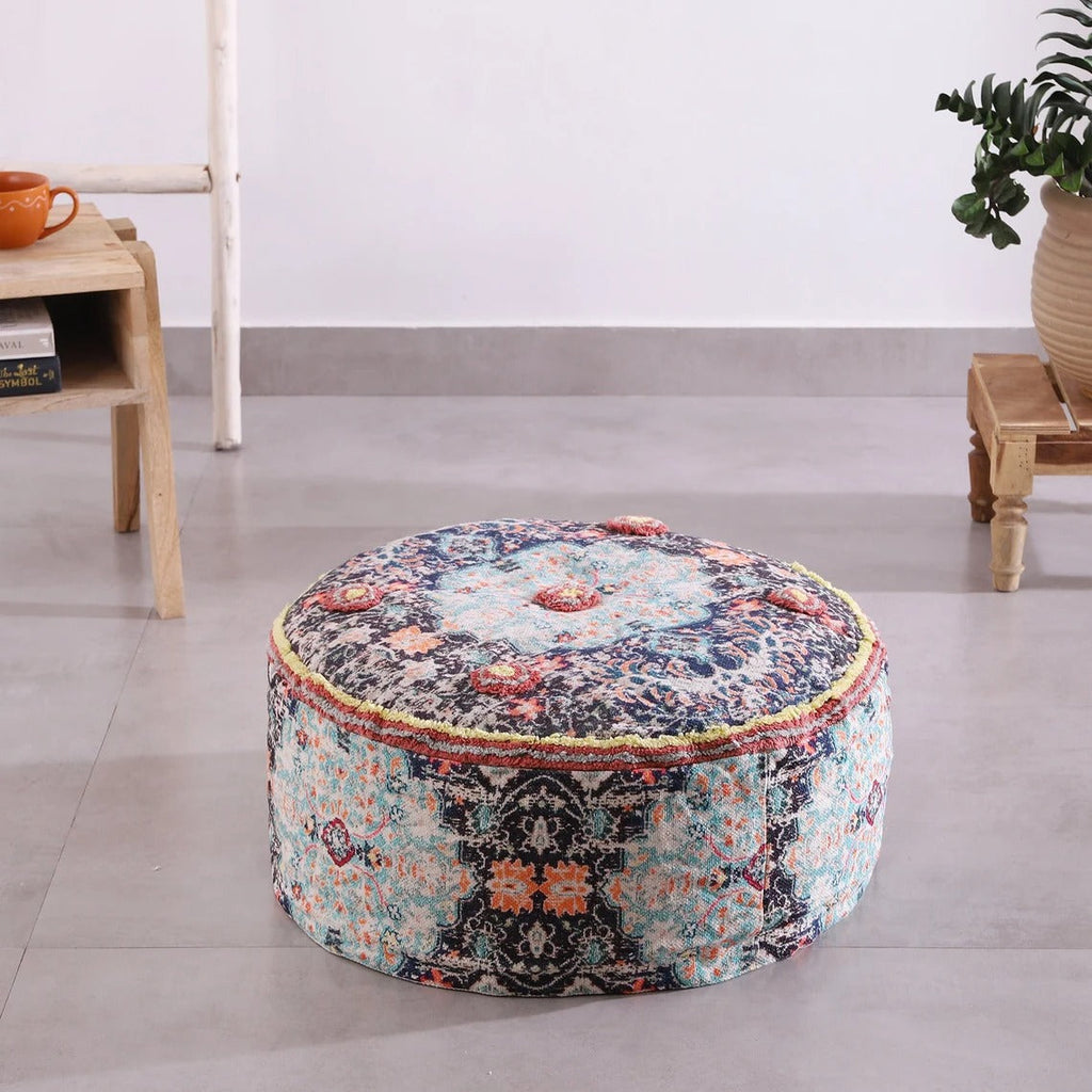 Moroccan Ottoman Cushion Cover, Pouf - Round Footstool