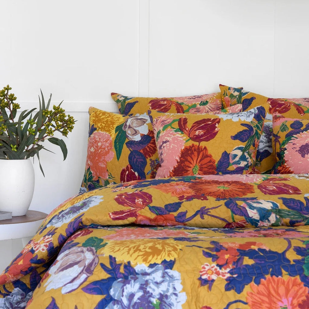 Floral Cotton Quilt Bedspread Comforter Duvet- Mustard Anthro