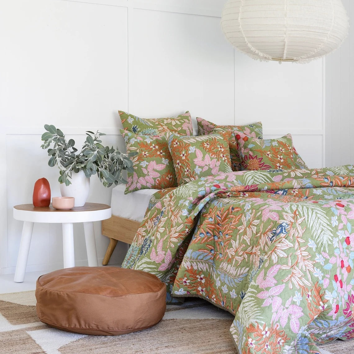 Floral Cotton Quilt Bedspread Comforter Duvet- Green Anthro