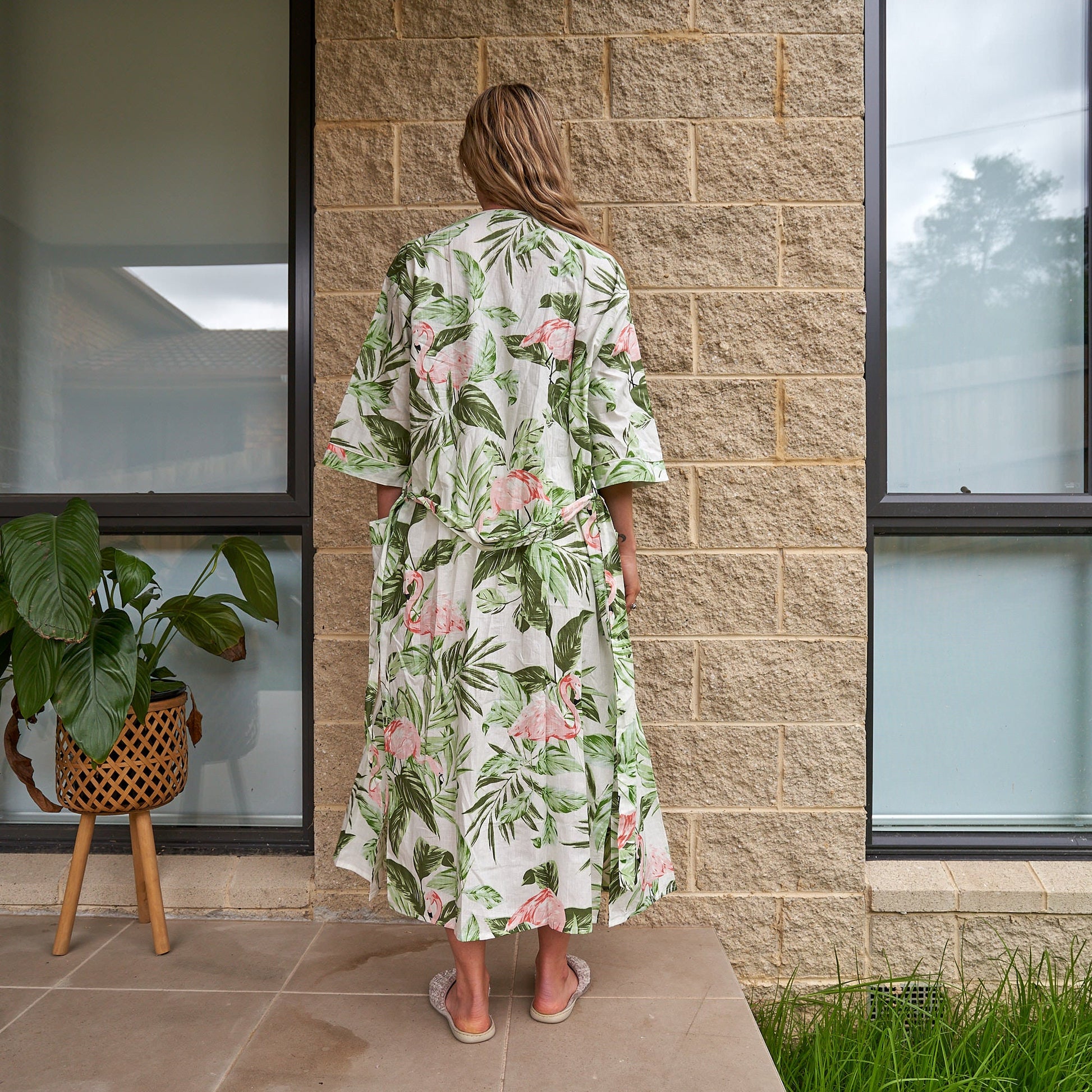 'Flamingo Fantasy' 100% Cotton Kimono Robe