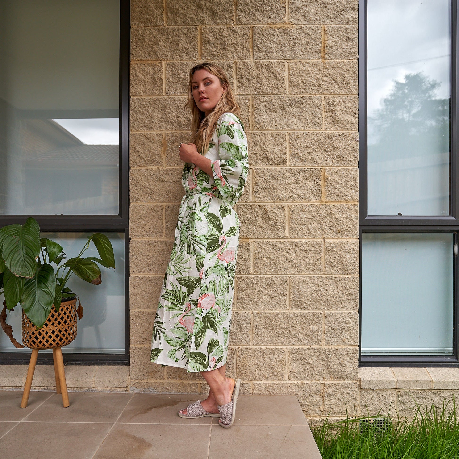 'Flamingo Fantasy' 100% Cotton Kimono Robe