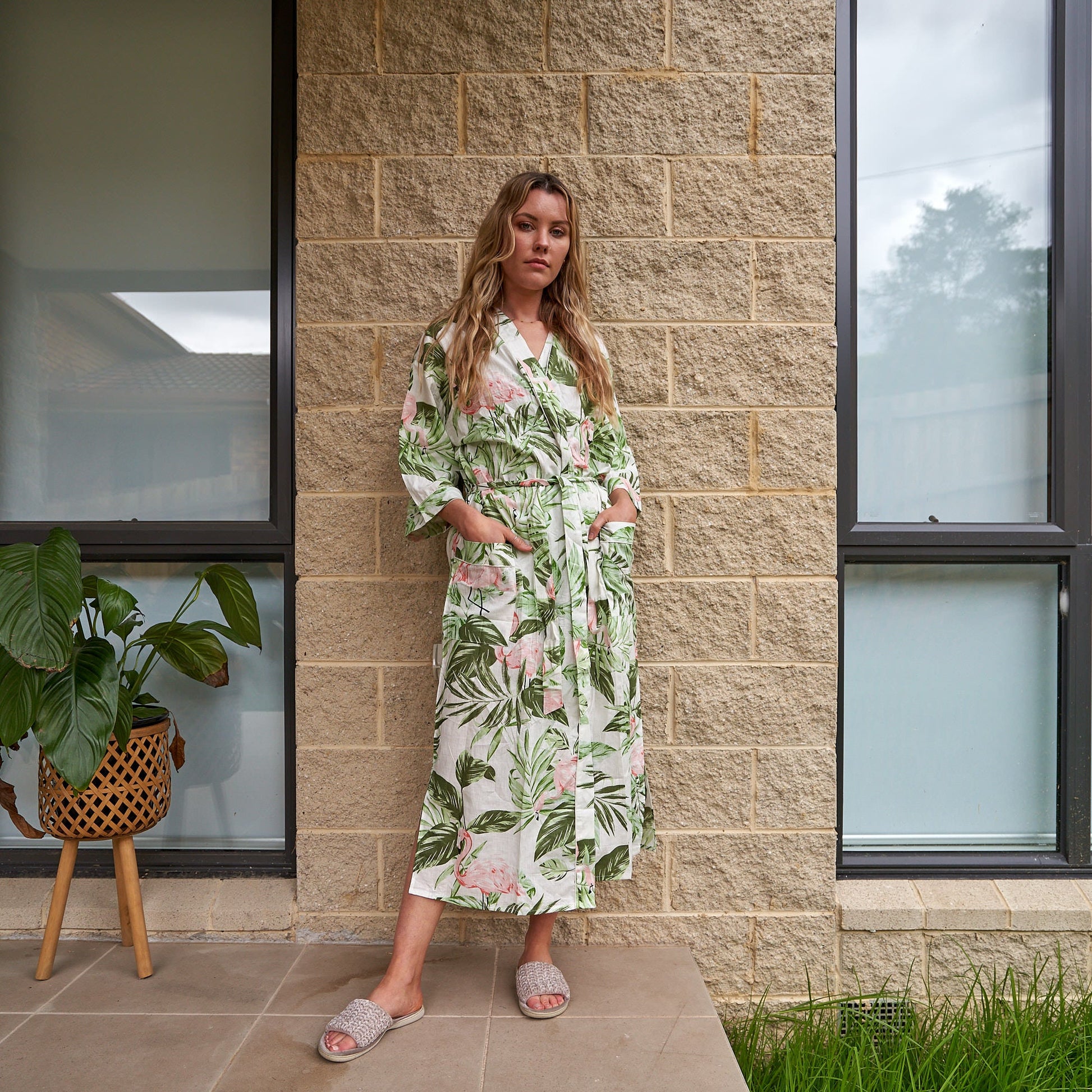 'Flamingo Fantasy' 100% Cotton Kimono Robe