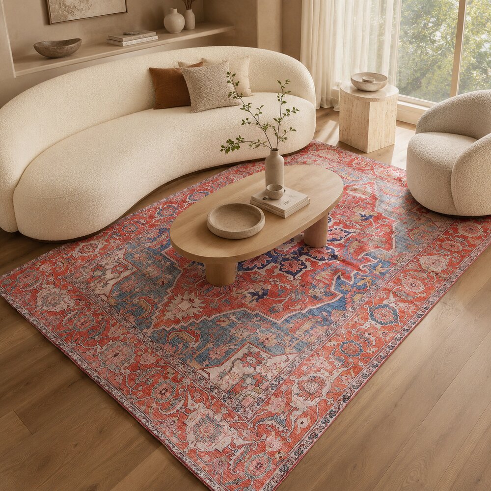 Vintage Persian style area rug with distressed boho medallion design in a modern living room