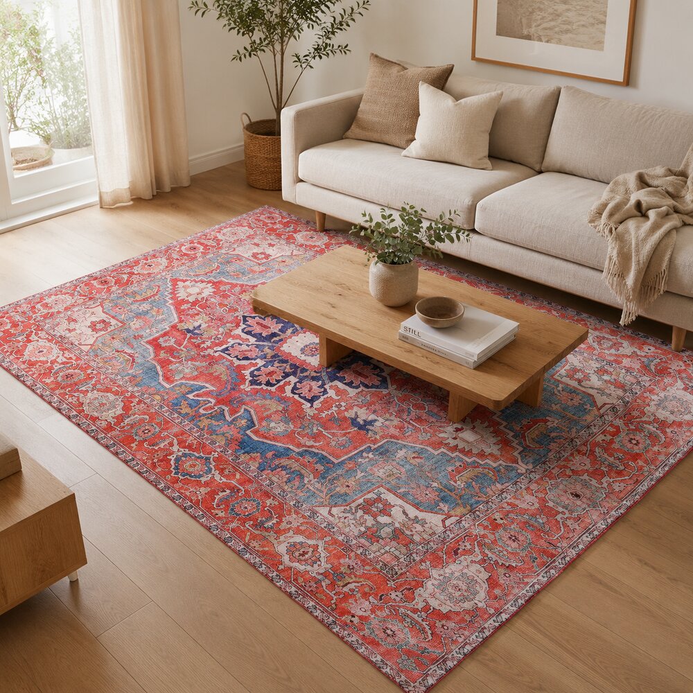 Elegant distressed Persian area rug featuring a traditional boho medallion pattern