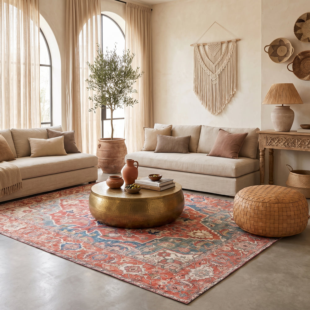 Classic Persian style distressed area carpet with intricate floral medallion details