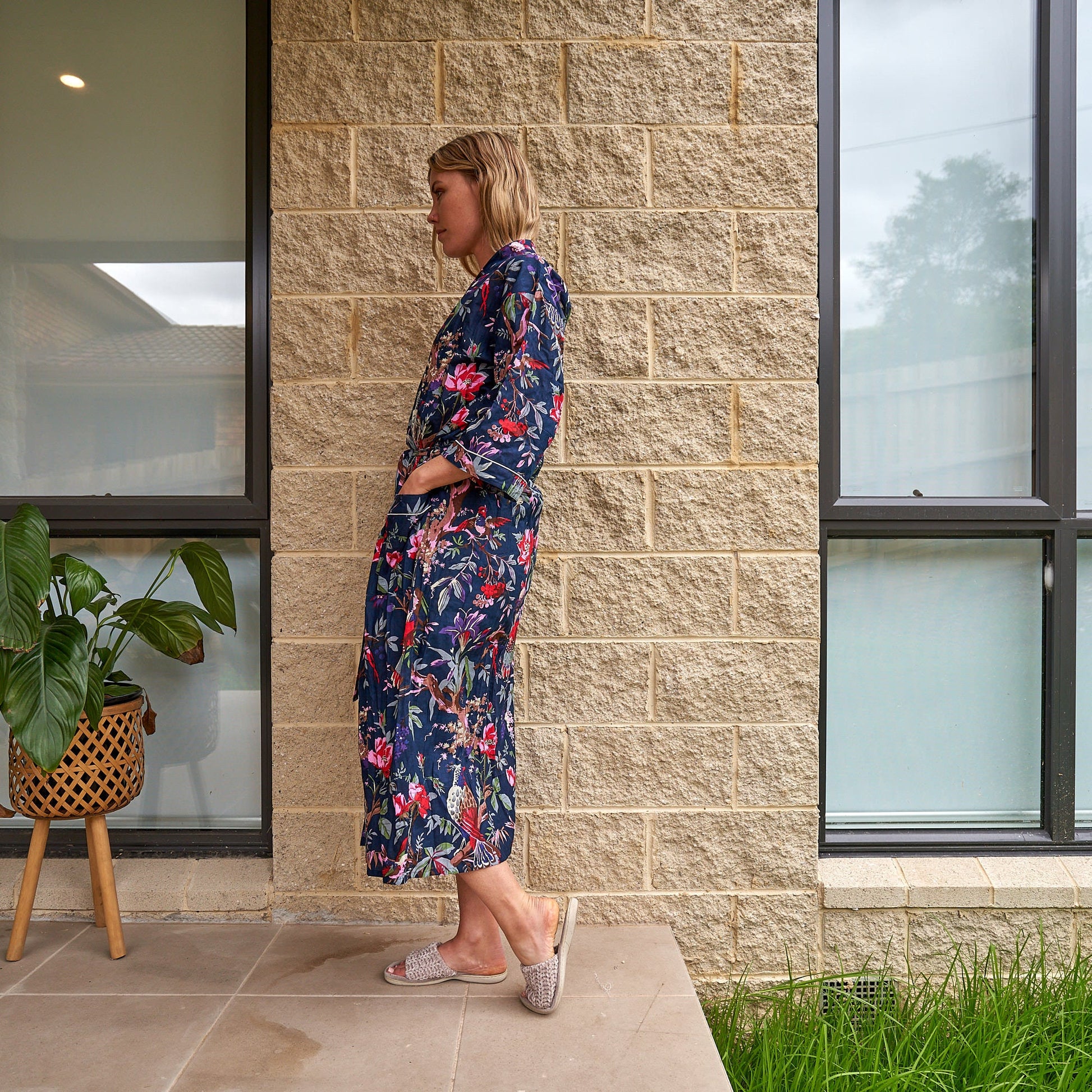 'Moonlit Birds' 100% Cotton Kimono Robe