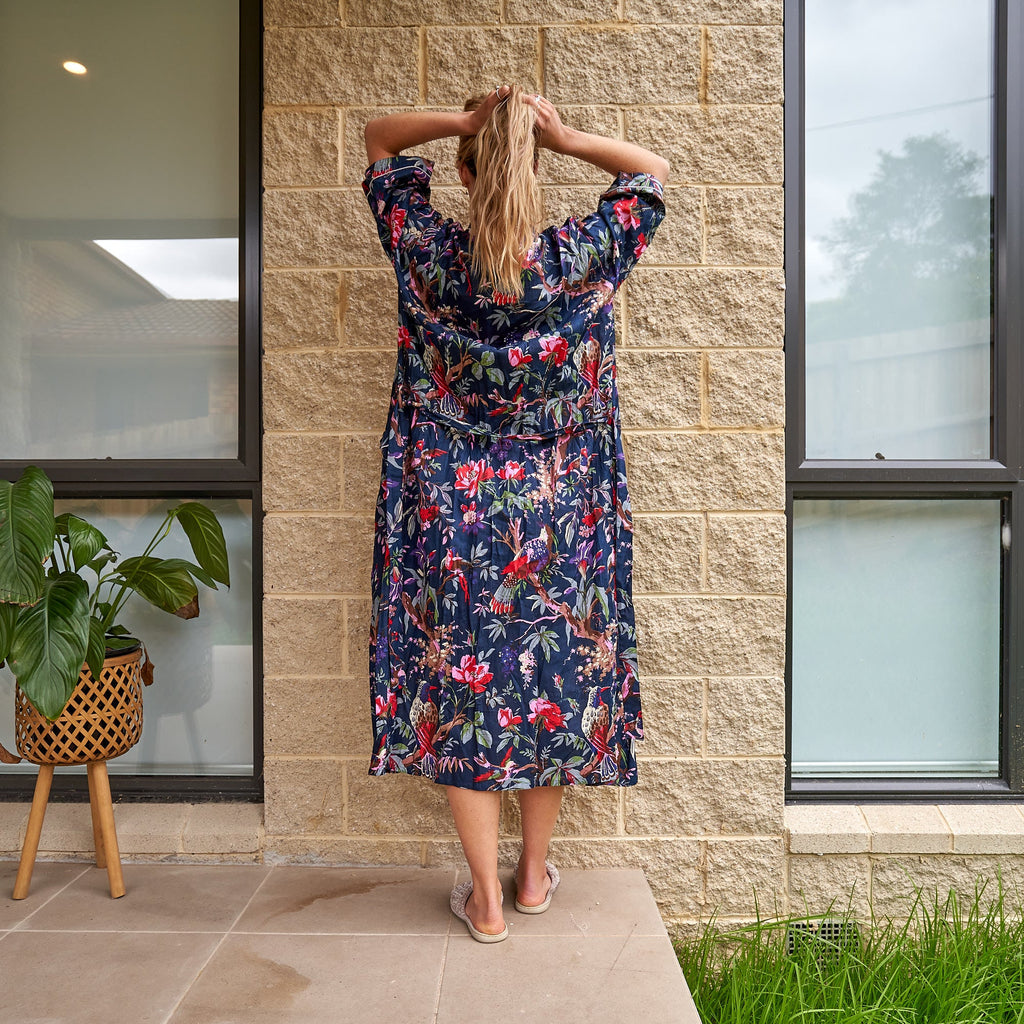 'Moonlit Birds' 100% Cotton Kimono Robe