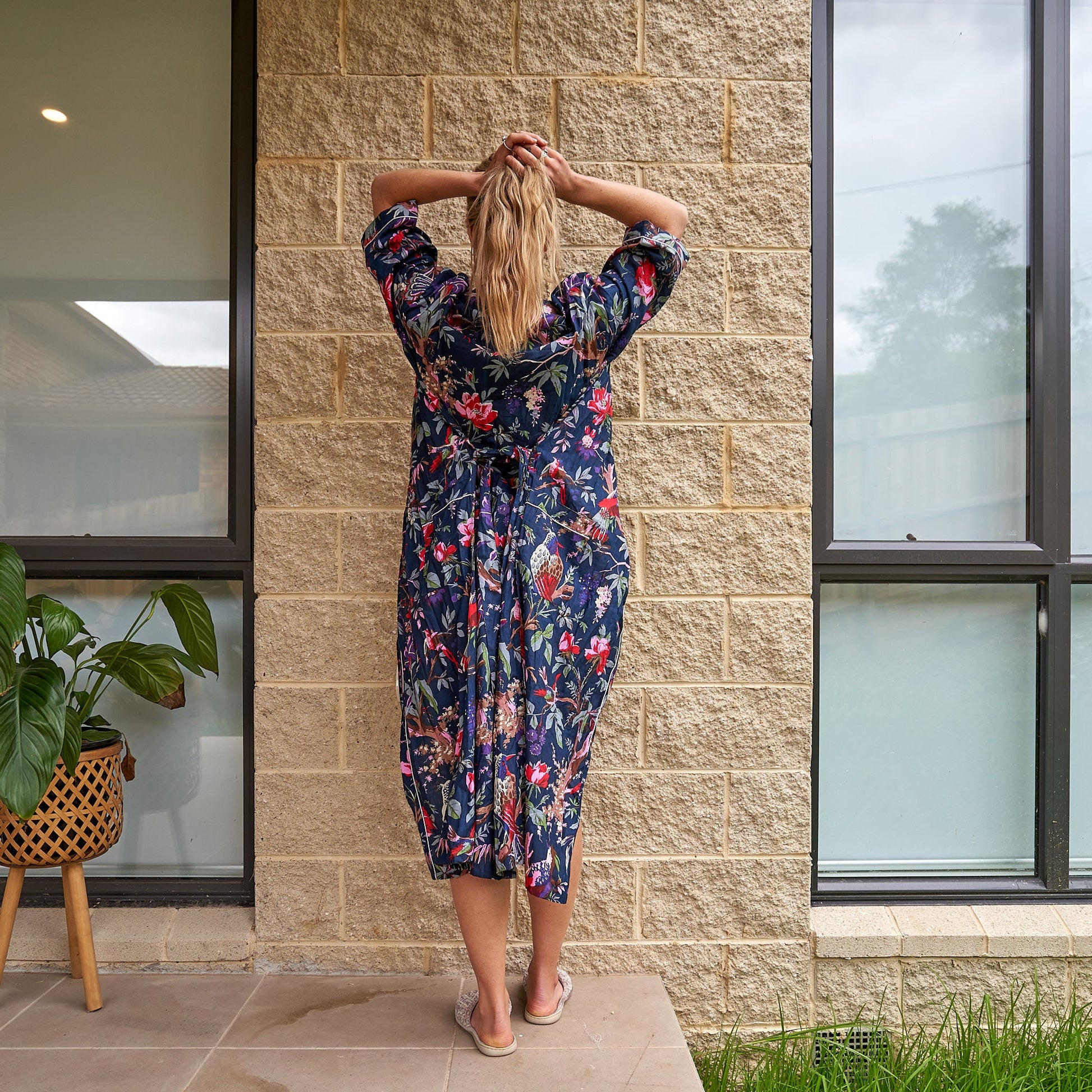 'Moonlit Birds' 100% Cotton Kimono Robe