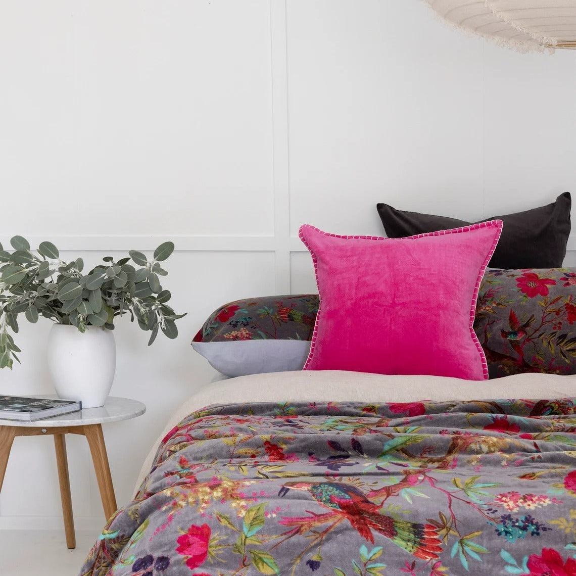 Velvet Floral Kantha Quilt - Bird Paradise Grey